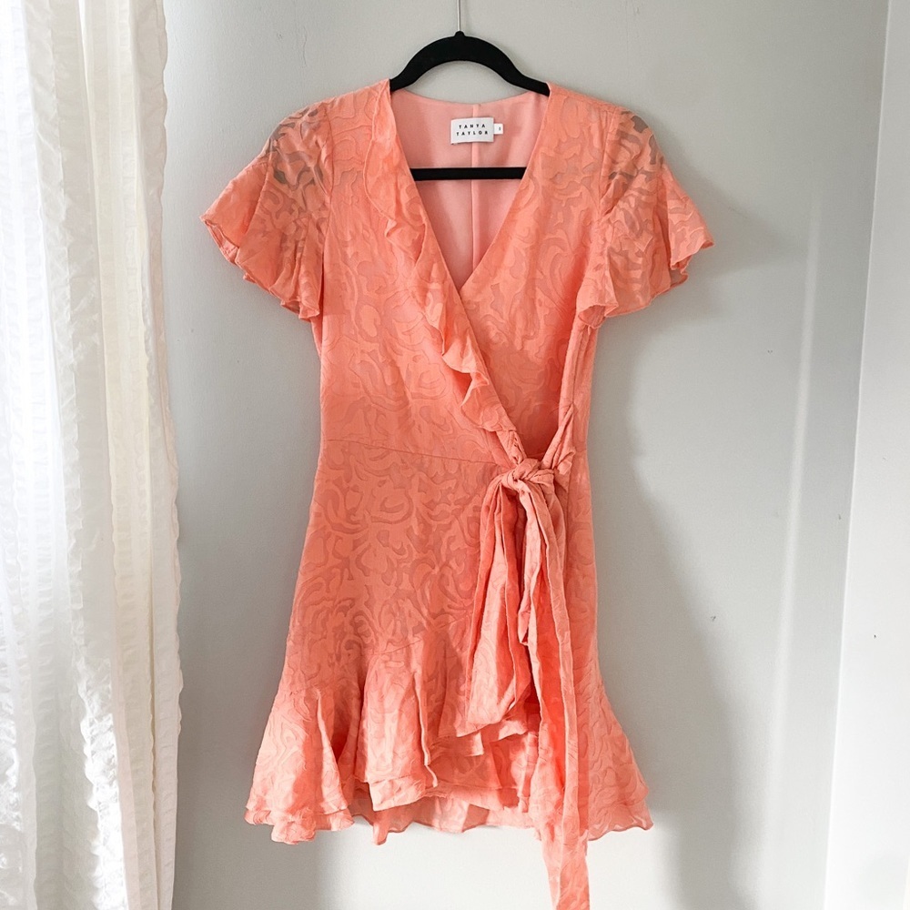 Tanya Taylor Coral Bianka Silk Blend Wrap Mini Dress - Picture 2 of 8